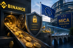 Cryptocurrency vault with gold coins spilling onto a conveyor, shield labeled Compliance, Security, Transparency, EU flag, and MiCA Regulation sign in a modern cityscape.