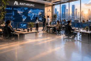 Open-plan tech office with a large wall displaying a world map and multiple data dashboards as staff work at desks.