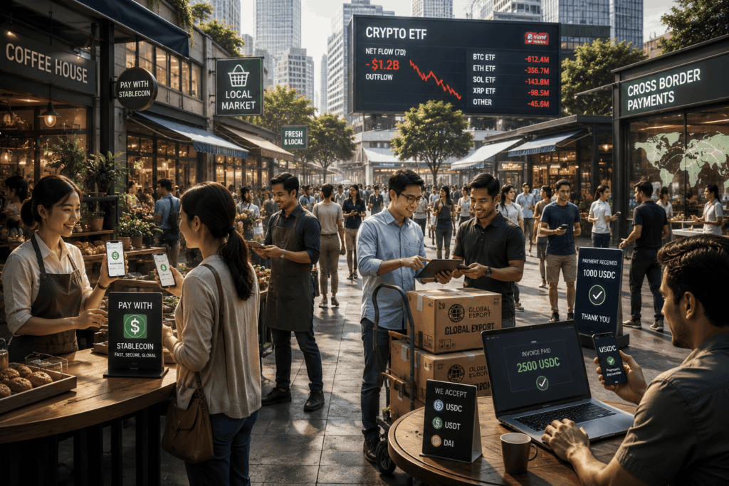 Market scene with people using mobile payments and laptops at an outdoor crypto-themed market stall row under a large digital ETF sign in the background.