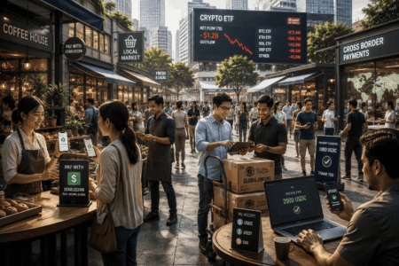 Market scene with people using mobile payments and laptops at an outdoor crypto-themed market stall row under a large digital ETF sign in the background.