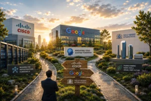 Man in a suit walking toward a corporate campus featuring Cisco, Google, and Philip Morris buildings with a landscaped plaza and signposts.