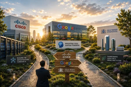 Man in a suit walking toward a corporate campus featuring Cisco, Google, and Philip Morris buildings with a landscaped plaza and signposts.