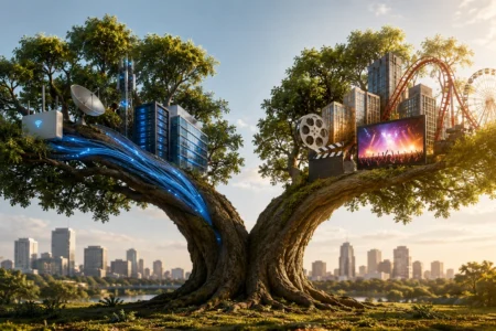 A split tree branch supporting a futuristic city on the left and a movie/entertainment scene on the right, connected by glowing blue data streams.