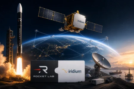 Rocket Lab rocket lifting off as Earth rises behind; Iridium satellite modules orbit above and ground antennas stand ready below.