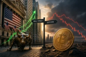 Bronze Charging Bull on a street with a Wall Street and Bitcoin signpost; green upward chart and red downward chart in the background.