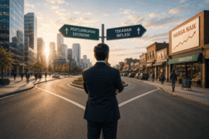 Businessman in a suit stands at a city intersection, looking at signs for economic growth and inflation pressure at sunset.