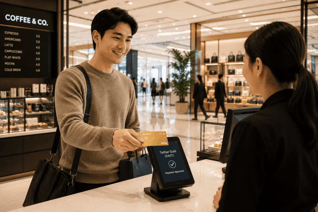 Man at a checkout counter pays with a card while a clerk stands nearby in a bright store setting (cafe/retail).