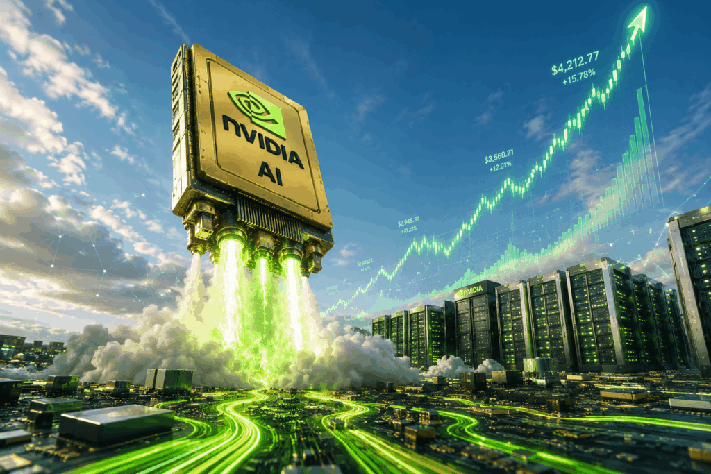 Nvidia AI module hovering above a data center, emitting green energy trails toward rising stock-chart lines in a blue sky.