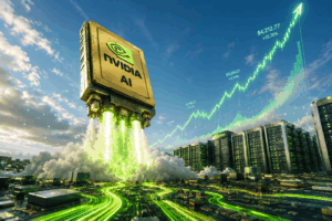 Nvidia AI module hovering above a data center, emitting green energy trails toward rising stock-chart lines in a blue sky.