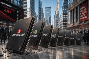 Row of oversized chip components with Broadcom, Nvidia, AMD, Intel, Qualcomm, Micron, ASML and TSMC logos in a financial district setting.