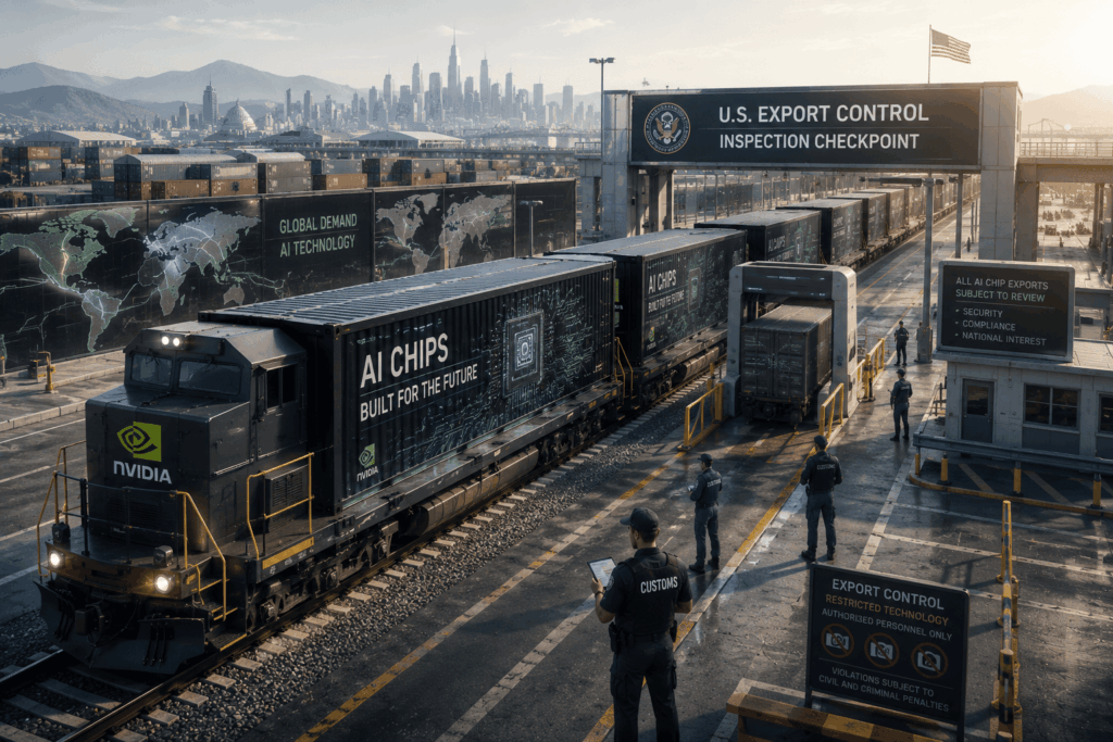 Train carrying AI chips labeled NVIDIA at a U.S. Export Control inspection checkpoint with a city skyline in the background and security personnel nearby.