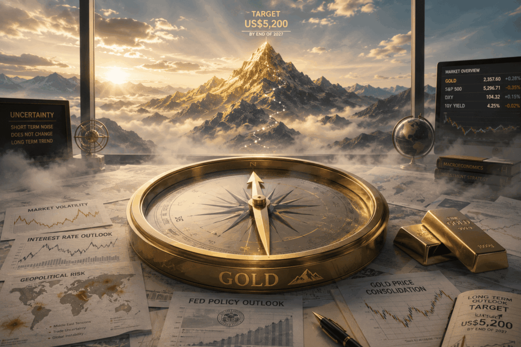 Golden compass on a desk surrounded by market charts, gold bars, and a mountain sunrise, signaling financial navigation and gold strategy.