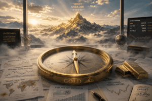 Golden compass on a desk surrounded by market charts, gold bars, and a mountain sunrise, signaling financial navigation and gold strategy.