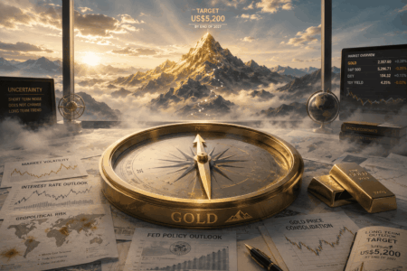 Golden compass on a desk surrounded by market charts, gold bars, and a mountain sunrise, signaling financial navigation and gold strategy.