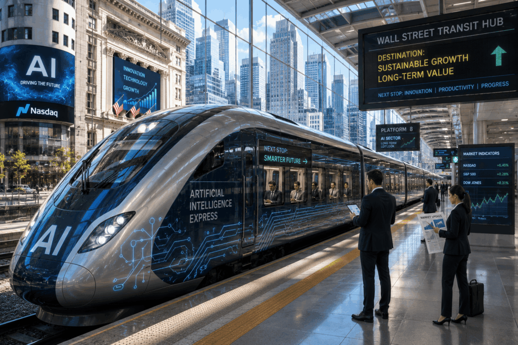 Wall Street Ambil Jeda Setelah Euforia AI High-speed AI train at a modern city transit hub with “Artificial Intelligence Express” branding and a sign reading “Next Stop: Smarter Future.”