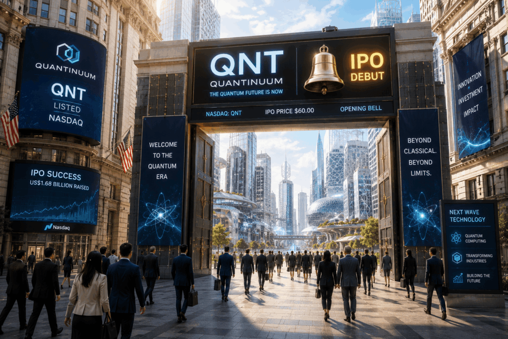 Crowd of businesspeople walking toward a futuristic city gateway with large digital billboards advertising QNT Quantum and IPO Debut.