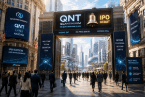 Crowd of businesspeople walking toward a futuristic city gateway with large digital billboards advertising QNT Quantum and IPO Debut.