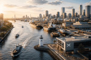 Sunset harbor scene with ships docked at a port, cranes, and a white lighthouse along a riverfront with a city skyline in the background