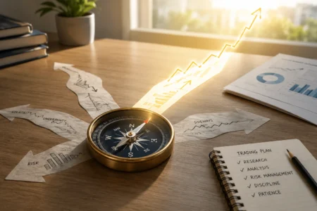 Rekomendasi Saham Hari Ini: NVDA, TSLA, WMT (9 Juni 2026) Compass on a wooden desk surrounded by paper arrows with charts and a rising graph, plus a notebook titled 'Trading Plan' with a checklist.
