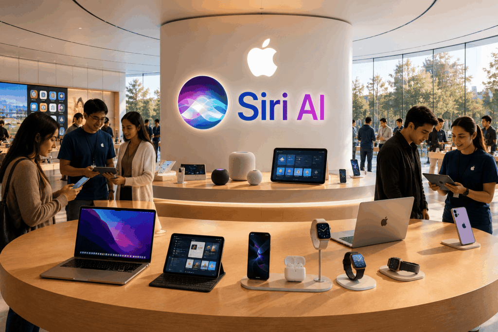 Apple Siri AI display at a tech store with customers exploring laptops, tablets, and iPhones on a round wooden table.