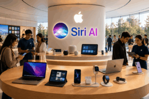 Apple Siri AI display at a tech store with customers exploring laptops, tablets, and iPhones on a round wooden table.