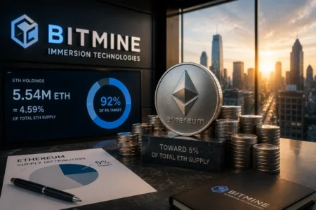 Bitmine Dekati Target Kepemilikan 5% Ethereum Large Ethereum coin model with stacks of coins on a desk and a city skyline at sunset in the background, conveying crypto wealth imagery.