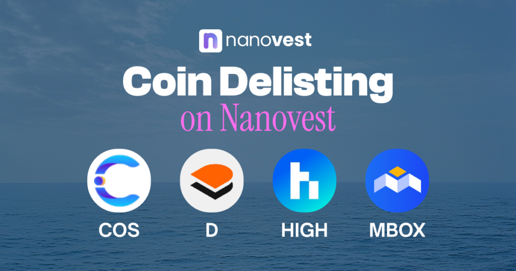 Banner showing Nanovest logo and the phrase 'Coin Delisting on Nanovest' with four crypto logos (COS, D, HIGH, MBOX) over a sea background, informative visual for announcements.