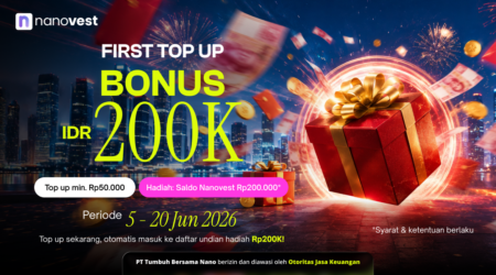Nanovest promotional banner showing a bright Gift box with fireworks, advertising a 200K IDR top-up bonus and dates 5–20 Jun 2026 in a cityscape.