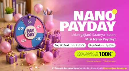 Bright Nano Payday promo banner with a purple prize wheel and pink gifts, balloons, and a pink gradient background. Prize amounts shown (100K, 50K, 20K, etc.).