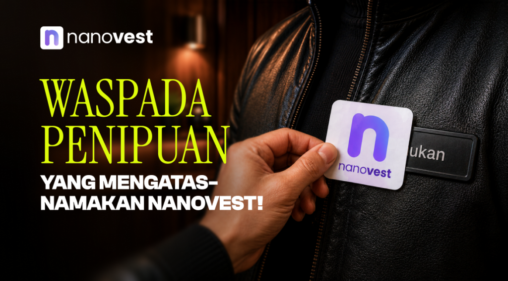 Warning banner about Nanovest scams; a hand attaches a Nanovest badge to a black leather jacket.