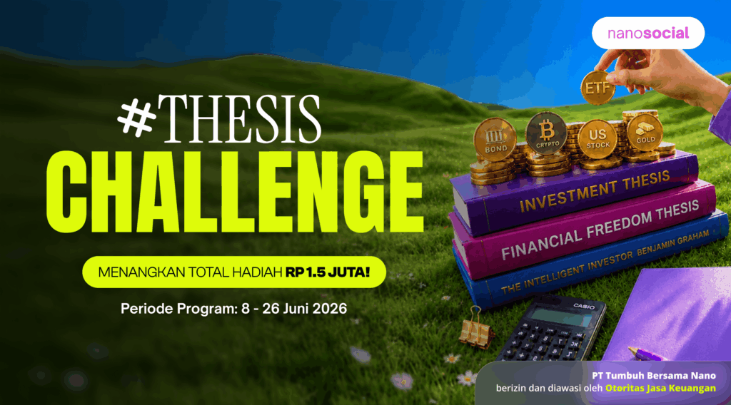 Promo banner for #THESIS CHALLENGE with stacked books, crypto coins, green hill background, NanoSocial logo, and bold yellow 'CHALLENGE' text.