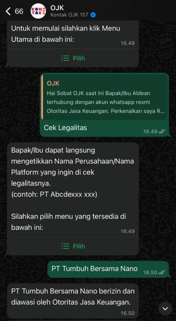 cara cek aplikasi investasi yang terdaftar di OJK lewat WhatsApp
