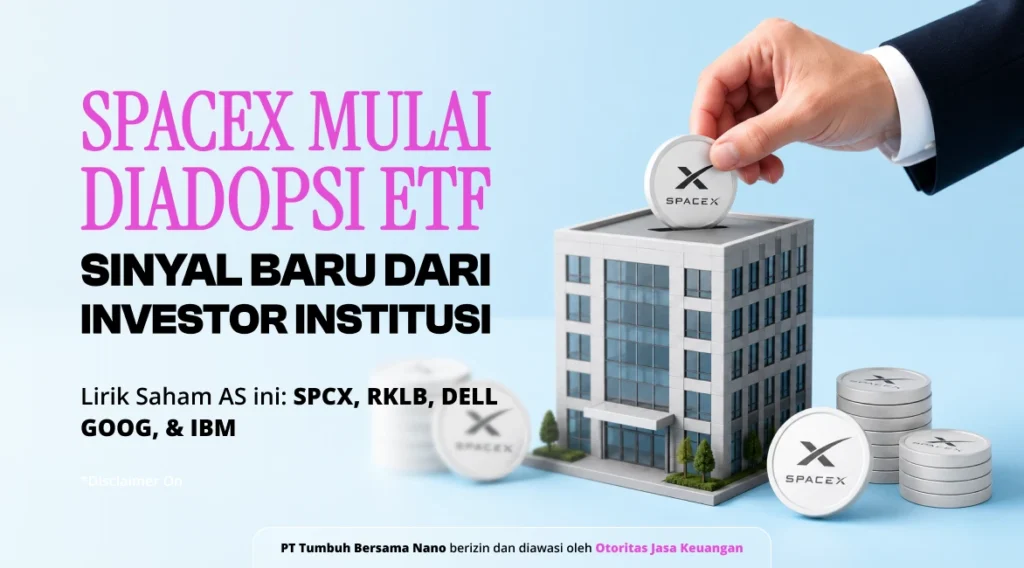 Promo image with Indonesian headlines 'SPACEX MULAI DIADOPSI ETF' and 'SINYAL BARU DARI INVESTOR INSTITUSI'; a hand places a SpaceX coin on a miniature building beside stacked coins, suggesting investment.