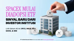 Promo image with Indonesian headlines 'SPACEX MULAI DIADOPSI ETF' and 'SINYAL BARU DARI INVESTOR INSTITUSI'; a hand places a SpaceX coin on a miniature building beside stacked coins, suggesting investment.