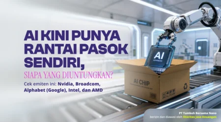 Robotic arm places an AI chip into a cardboard box on a conveyor belt, with bold Indonesian headline about the AI supply chain and beneficiaries.
