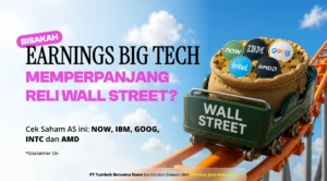 Cart labeled 'WALL STREET' on a roller coaster track, overflowing with gold coins and tech logos (NOW, IBM, Google, Intel, AMD) as bold headlines discuss big tech earnings.