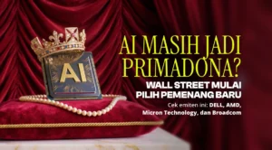 Crown on a computer chip with 'AI' symbol; Indonesian headline asks 'AI MASIH JADI PRIMADONA? WALL STREET MULAI PILIH PEMENANG BARU' and mentions Dell, AMD, Micron, Broadcom.