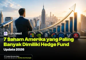 Pria berjas dari belakang berdiri di atap melihat skyline kota dengan grafik batang naik dan ikon perusahaan, terkait artikel saham AS oleh hedge funds.