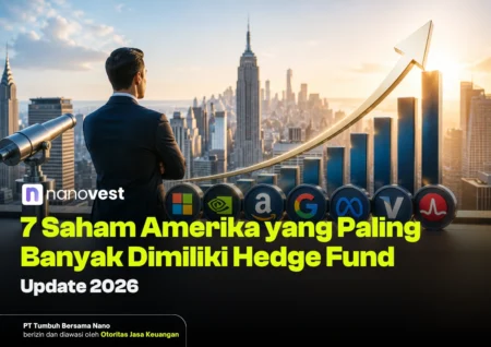 Pria berjas dari belakang berdiri di atap melihat skyline kota dengan grafik batang naik dan ikon perusahaan, terkait artikel saham AS oleh hedge funds.