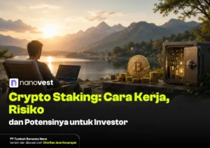 Man on a lounge chair by a lake at sunset, laptop open, a large Bitcoin coin and stacked coins beside a safe, illustrating crypto staking themes.