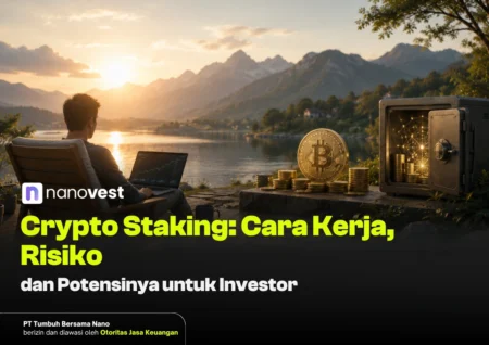 Man on a lounge chair by a lake at sunset, laptop open, a large Bitcoin coin and stacked coins beside a safe, illustrating crypto staking themes.