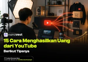 Thumbnail of a creator in a home studio recording with a mic, camera, and soft lighting; monitor shows YouTube logo and bold Indonesian title about earning money from YouTube