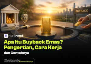 Gold bar on a circular pedestal with a Buyback sign and city skyline, for a Nanovest article about gold buyback.