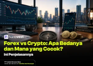Blog thumbnail: Forex vs Crypto article cover showing charts, crypto coins, compass, and a laptop on a desk with Indonesian headline.