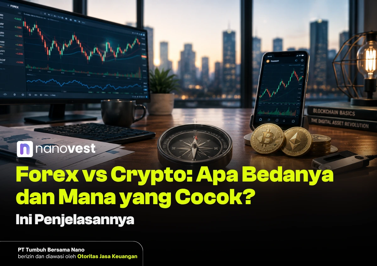 Blog thumbnail: Forex vs Crypto article cover showing charts, crypto coins, compass, and a laptop on a desk with Indonesian headline.