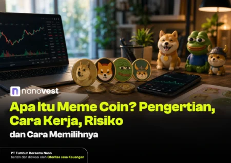 Hero image for a crypto article: meme-coin tokens on a desk with a laptop chart and a smartphone showing graphs (Nanovest branding).