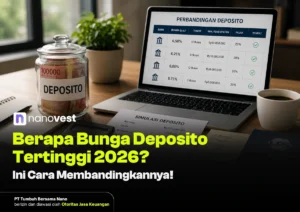 Thumbnail for a finance article: a jar of money labeled 'DEPOSITO' beside a laptop displaying a deposit comparison table and a bold title about 2026 rates.