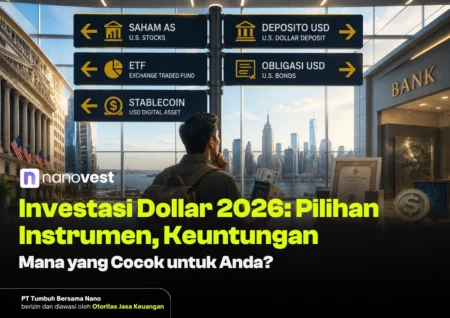 Man with backpack in a bank lobby gazes at blue signposts listing US investment options (stocks, USD deposits, bonds, ETFs, stablecoins), overlaid with Indonesian article title about Dollar investments 2026.