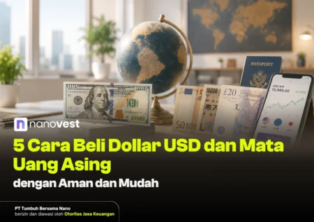 Desk with a globe, stacked cash (USD and other currencies), a passport, and a smartphone showing a currency chart—image for an article about buying USD and foreign currencies.