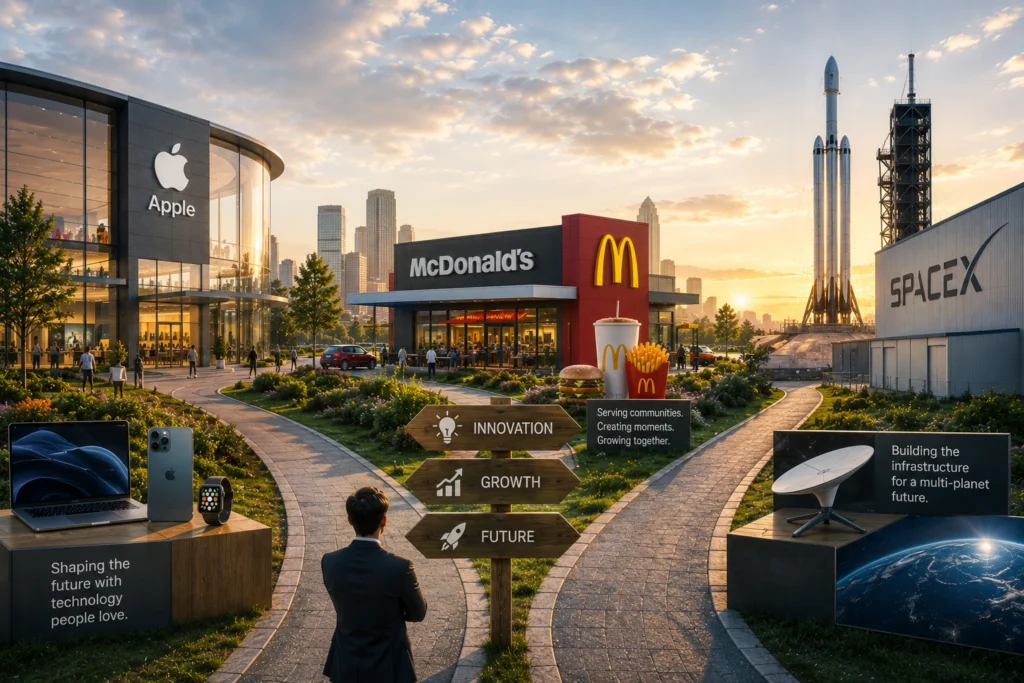 Modern tech campus scene with Apple store, McDonald's, and a SpaceX rocket in the background; a suited man reads directional signs labeled Innovation, Growth, Future.